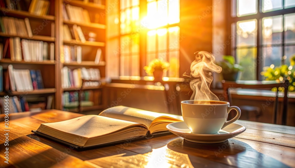 Fototapeta premium A steaming cup of hot black coffee and an open book rest on a rustic wooden cafe table next to a white saucer, creating a cozy morning breakfast scene