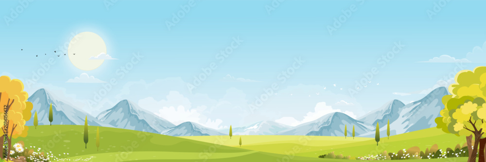 Naklejka premium Background nature landscape with green meadow, mountain scenery and blue sky panorama. Spring summer countryside banner with trees, hills, sunlight and outdoor cartoon illustration for seasonal design