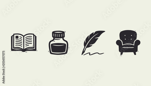 Schilderij op canvas Vintage style hand drawn icons set of book inkwell feather quill pen and armchai