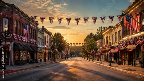 Charming small town main street decorated with american flags and bunting banners at sunset during fourth of july independence day celebration with golden light.