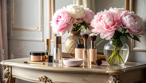 Elegant Pink Peony Bouquet and Makeup Essentials Arranged on Ornate Vanity Table