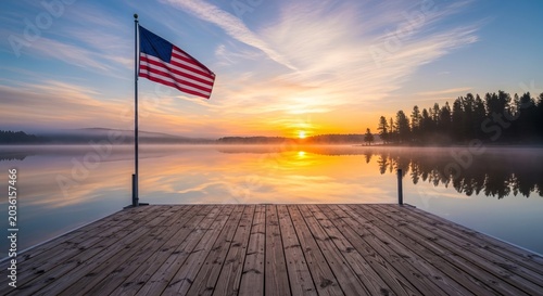 American flag waves from dock over calm lake with colorful sunrise reflecting on water and misty forest in background, tranquil morning scene.