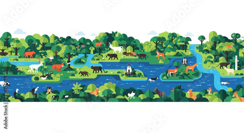 Quadro su tela Diverse Wildlife Ecosystem: Animals in Lush Green Forest and River Landscape