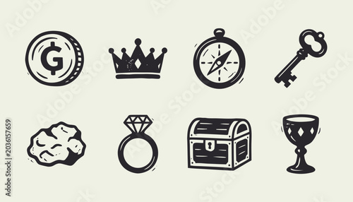 Schilderij op canvas Set of vintage woodcut style treasure icons including chest crown coin key and c