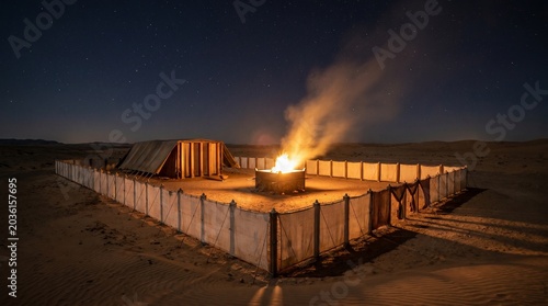 The biblical Tabernacle of Moses in the wilderness at night. Ancient Israelite sanctuary with a burning altar under a starry sky, Old Testament concept