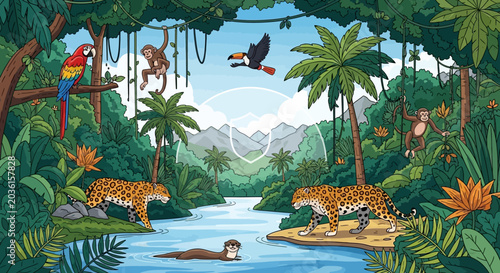 Canvas Print Vibrant Amazon Rainforest Scene with Wildlife, River, and Mountains
