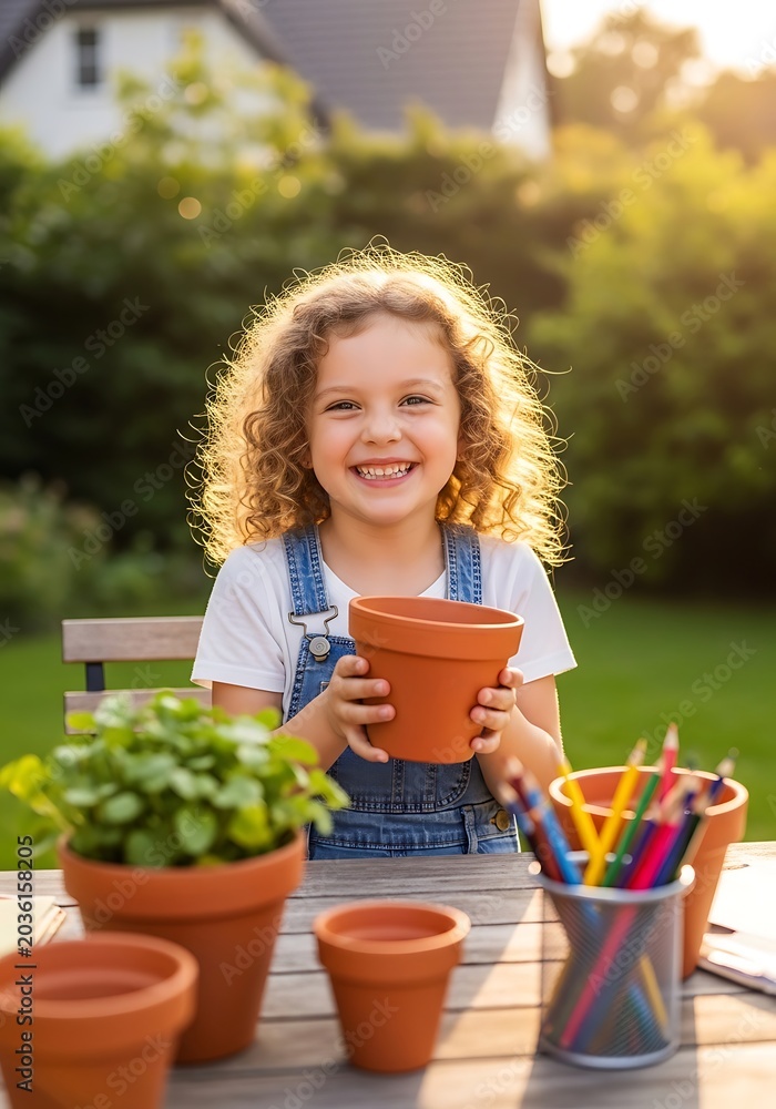 Fototapeta premium Young girl holding terracotta plant pot outdoors with gardening supplies