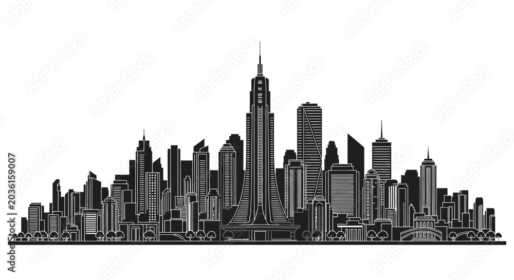 Fototapeta premium Modern city skyline silhouette with skyscrapers, urban architecture