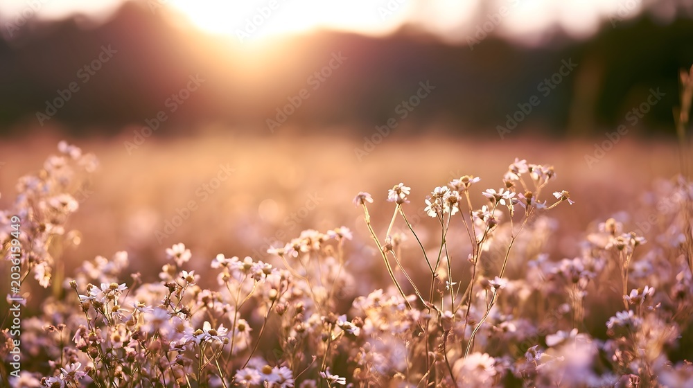 Obraz premium A tranquil field of wildflowers is bathed in warm golden hour sunlight creating a beautiful and serene natural landscape