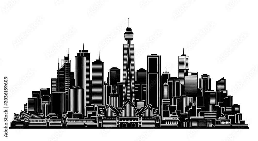 Obraz premium Sydney Skyline Silhouette Vector Illustration, Urban Cityscape