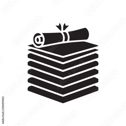 Black and white icon of a stack of paper documents with a rolled scroll on top.