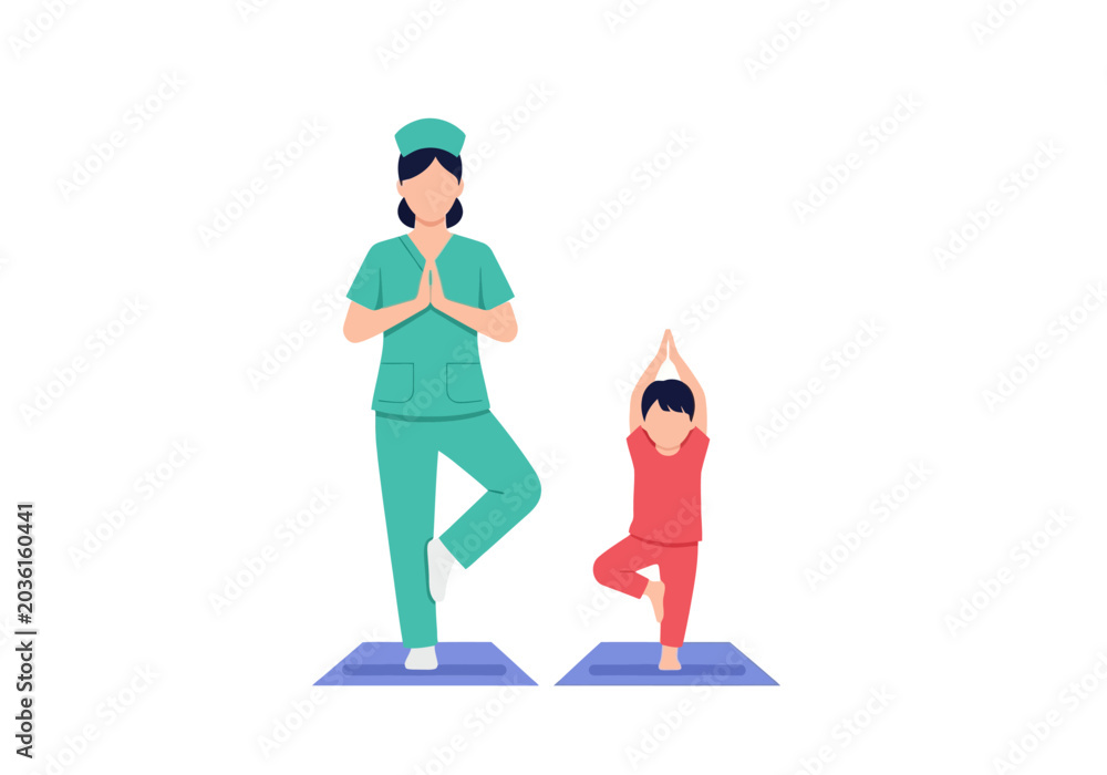 Fototapeta premium Mother and Child Practicing Yoga Meditation Together