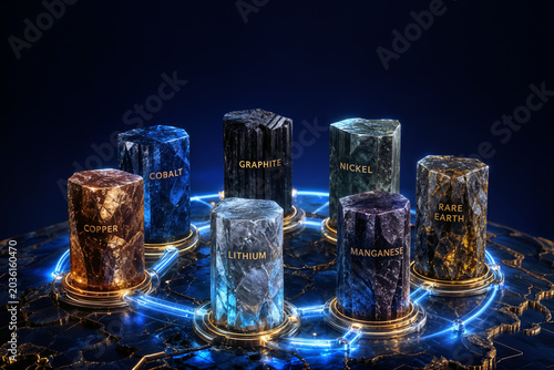 G7 summit critical minerals pillars representing copper cobalt lithium graphite nickel manganese rare earth with neon supply chain corridors resource nationalism economic protectionism