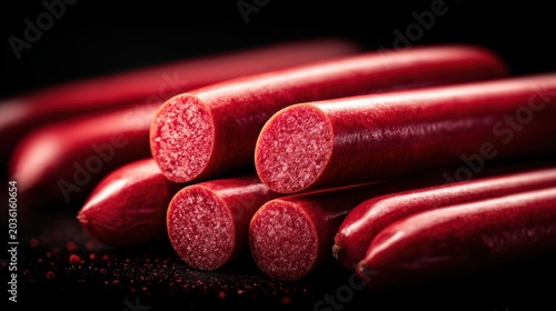 Packaged Sausages Close-up of red sausage links stacked, showcasing texture and vibrant color on a dark background.