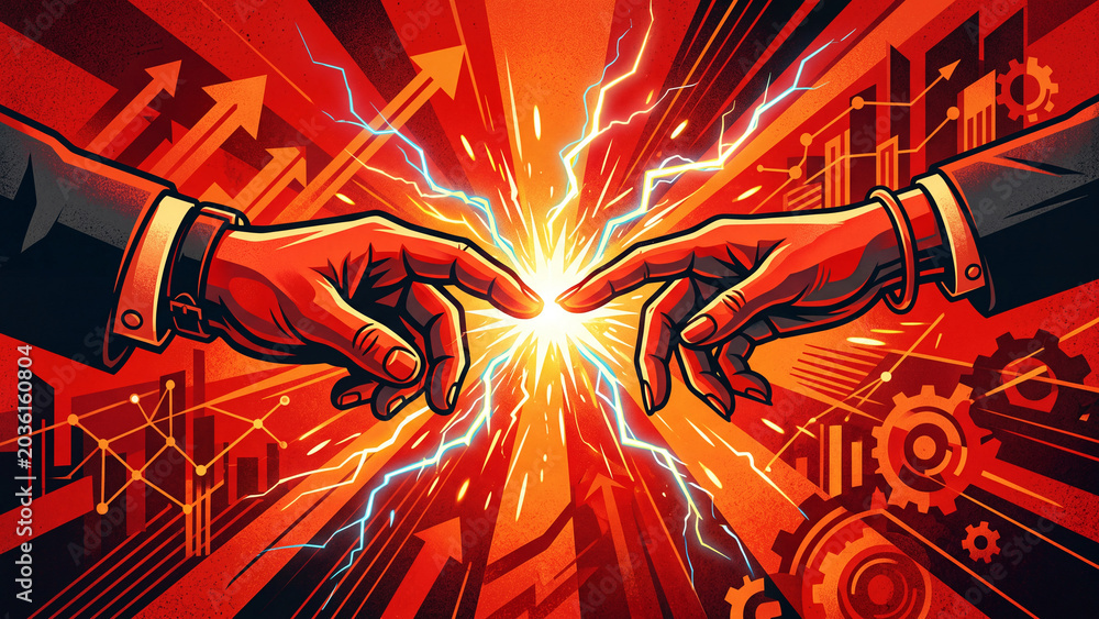Fototapeta premium Business partnership concept with two hands touching creating a powerful electric energy spark