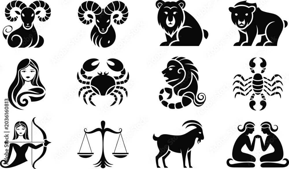 Fototapeta premium Set of twelve black and white zodiac symbols for astrology horoscopes and mystical designs