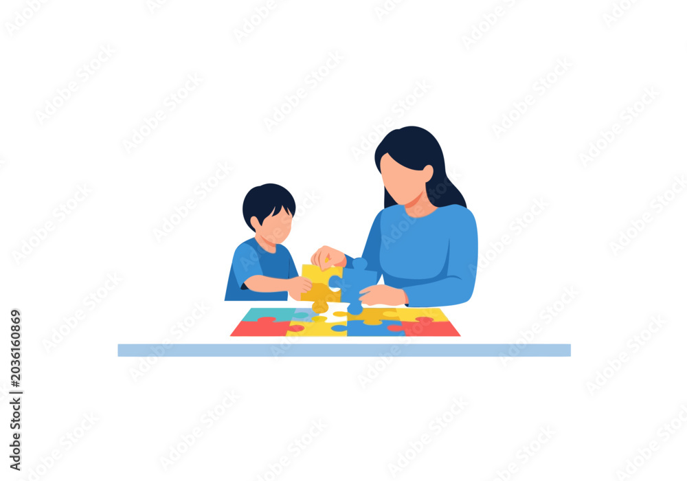 Fototapeta premium Mother and Child Playing with Building Blocks