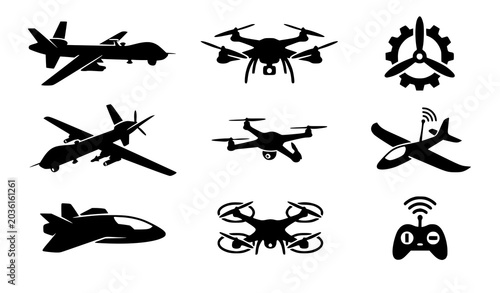 Fotografie Military UAV and Commercial Drone Silhouette Vector Collection