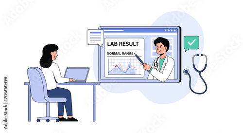 Telemedicine consultation, doctor explaining lab results on screen to patient via video call, medical report analysis, healthcare technology, online