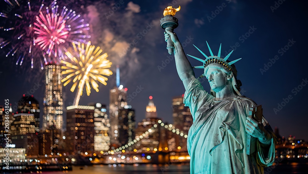 Fototapeta premium Statue of Liberty with fireworks display over city skyline at night