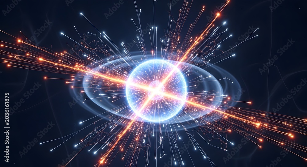 Obraz premium Glowing Atomic Particle Explosion in Dark Space