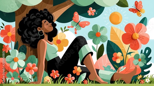 National Go Barefoot Day: illustration of a joyful woman sitting under a large tree with bare feet stretched out on green grass, surrounded by colorful flowers, butterflies and a sun in a bright sky