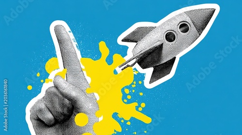Pop art collage on solid blue background, halftone rocket with white outline launching from textured hand, upward pointing finger, yellow blast trails and splatters for speed and ambition themed desig