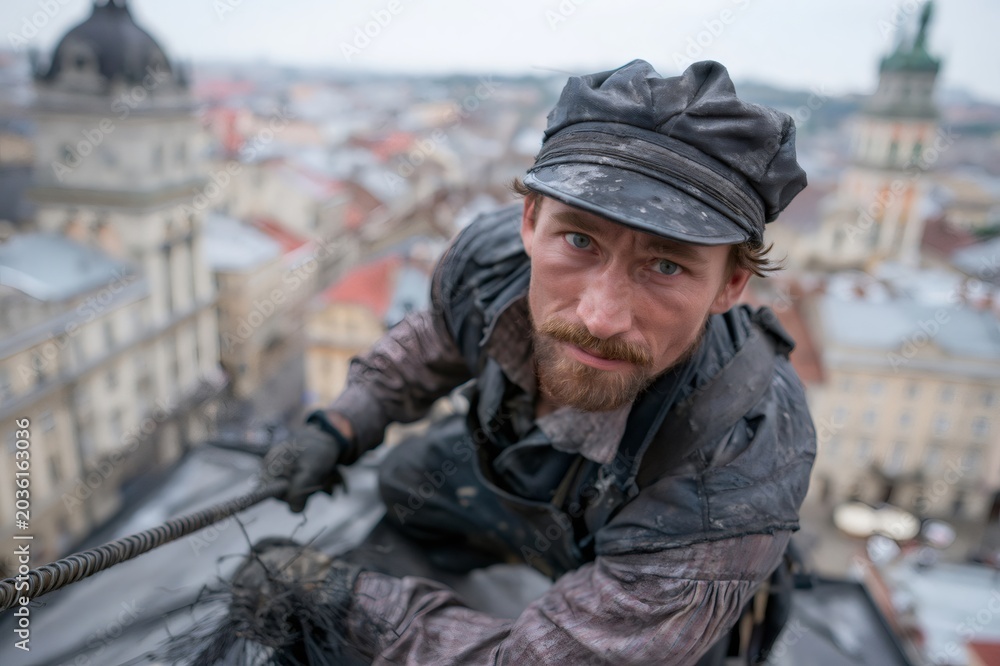 Fototapeta premium Chimney sweep working on rooftop with city view