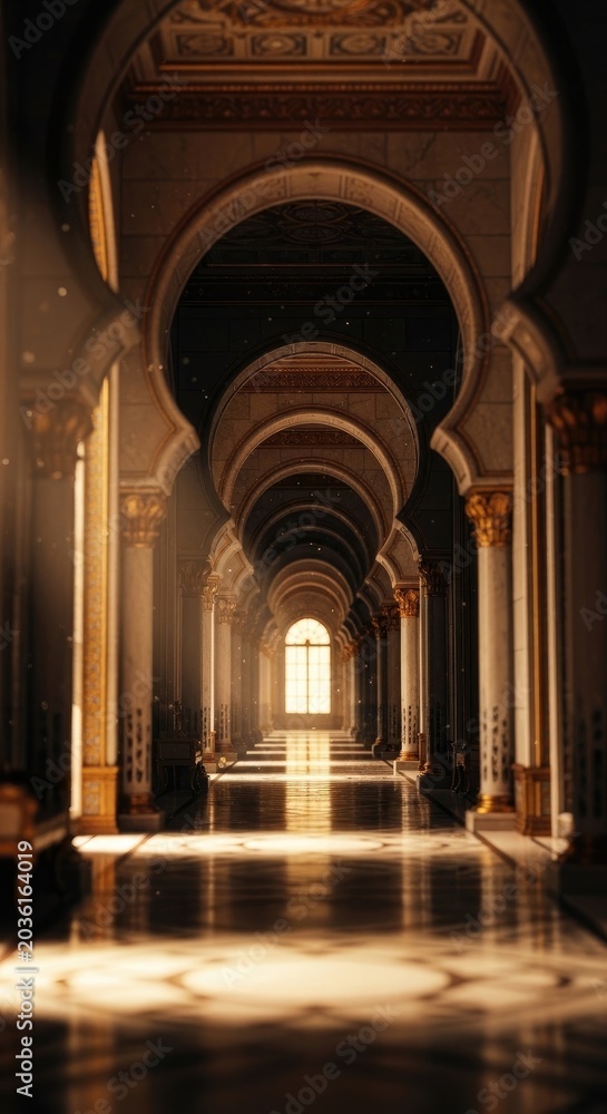 Obraz premium Elegant architectural corridor with arched ceilings and sunlight streaming through the window.