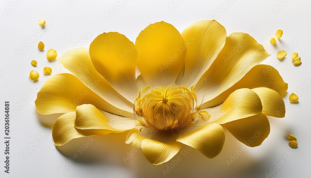 Fototapeta premium Artistic Illustration Of Modern Yellow Billy Button Petals Exhibiting A Refreshing Aesthetic On A Stark Pristine White Canvas