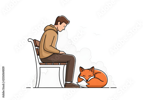 A serene moment of a man sitting on a park bench with a fox sleeping peacefully beside him, illustrating companionship and nature's tranquility
