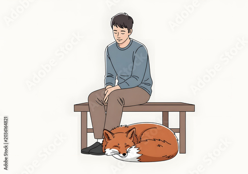 A gentle man and a sleeping fox sharing a peaceful moment on a wooden bench, illustrating friendship and serenity in a simple setting