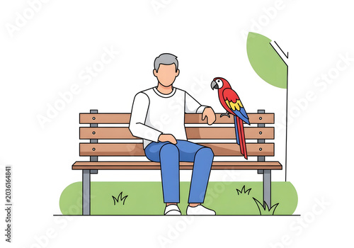 Elderly man sitting on a park bench with a colorful parrot on his arm, enjoying a peaceful moment outdoors in a serene natural setting