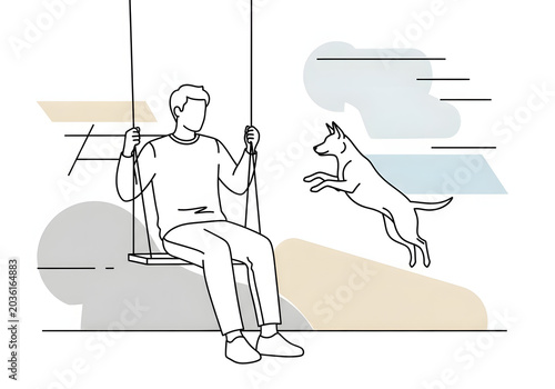 Man on a swing with his dog jumping in a minimalist line art illustration with abstract shapes and a neutral color palette