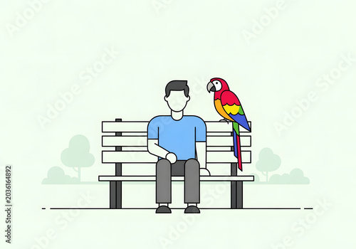A man and his colorful parrot sitting on a park bench, enjoying a peaceful moment surrounded by nature's tranquility and beautiful outdoor scenery