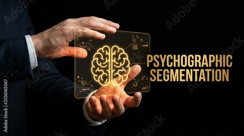 Businessman holding holographic display showing psychographic segmentation and brain icon for marketing strategy.