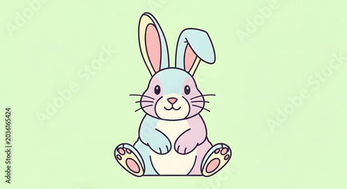 Cute Pastel Colored Rabbit Illustration with Pink and Blue Muted Tones Sitting on a Light Green Background