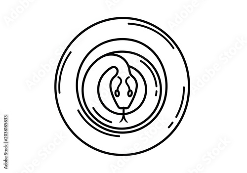 Minimalist circular emblem featuring a stylized snake coiled within its circular border, rendered in a clean, modern outline style