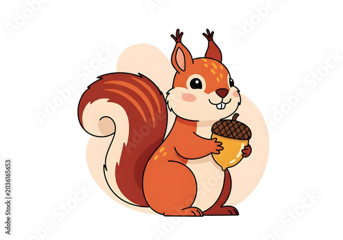 Charming illustration of a cute red squirrel holding an acorn, perfect for autumn themes and nature-inspired designs