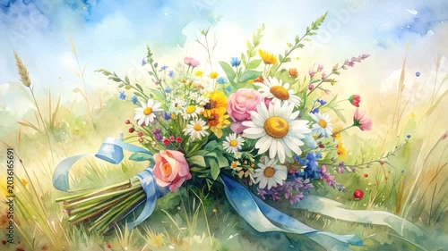 Watercolor bouquet of wildflowers and roses tied with blue ribbon in grassy field under sky