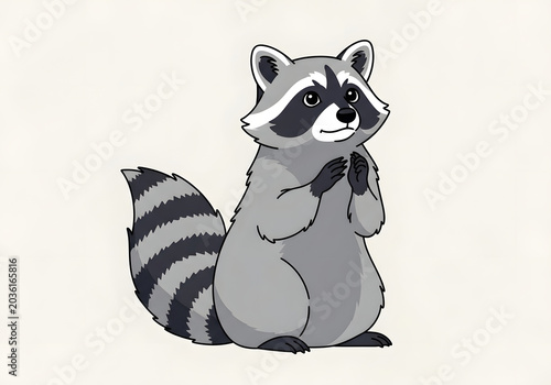Adorable Cartoon Raccoon with Ringed Tail and Bushy Fur, Clasping Paws in a Sweet and Playful Gesture, Isolated on a Light Background