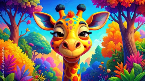 Whimsical cartoon giraffe character with vibrant spotted pattern in a colorful fantastical forest setting