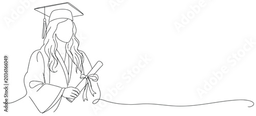 Minimalist continuous one-line drawing of a proud female graduate wearing an academic cap and gown while holding a diploma.