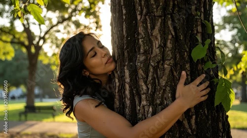 Woman embracing large tree trunk in golden sunlight at park connecting with nature