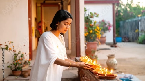 Woman holding a lit diya lamp during Diwali celebrating Hindu festival of lights with decorated lamps