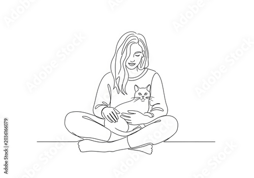 A continuous line drawing of a young woman in a sweater sitting cross-legged and gently holding a cat in her lap