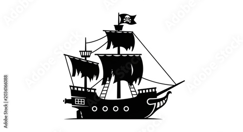 Schilderij op canvas Black Silhouette of a Pirate Ship with Tattered Sails and Jolly Roger Flag