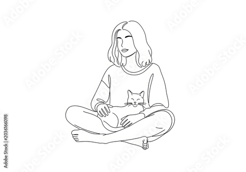 A minimalist line art illustration depicting a serene person sitting cross-legged, gently holding a contented cat in their lap, conveying comfort and companionship