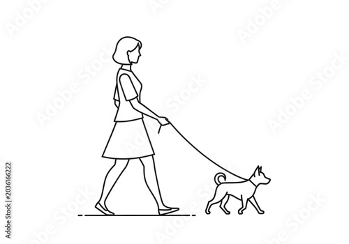 A woman walking a small dog on a leash on a white background, a simple line drawing illustration of a person and their pet enjoying a stroll outdoors