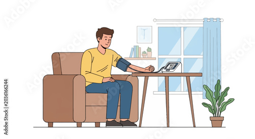 Vector illustration of a young man sitting in an armchair at home monitoring his blood pressure with a digital sphygmomanometer on a table, including interior room details.